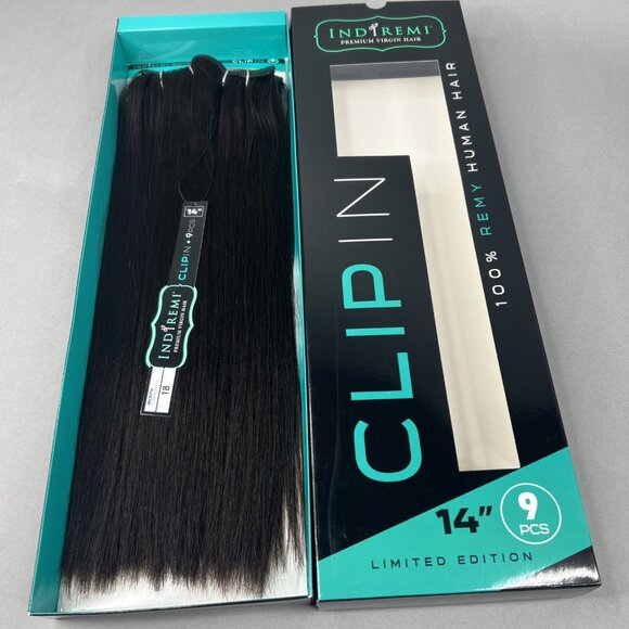 Indi Remi 9 Pc 14” Clip-in #1B Off Black Straight Human Virgin Hair Bobbi Boss